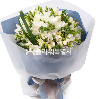 후리지아흰색노란색꽃다발